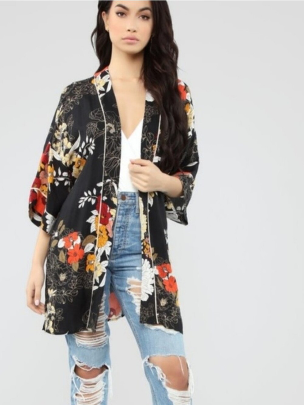 Active USA Black Floral Open Kimono With White Piping Detail